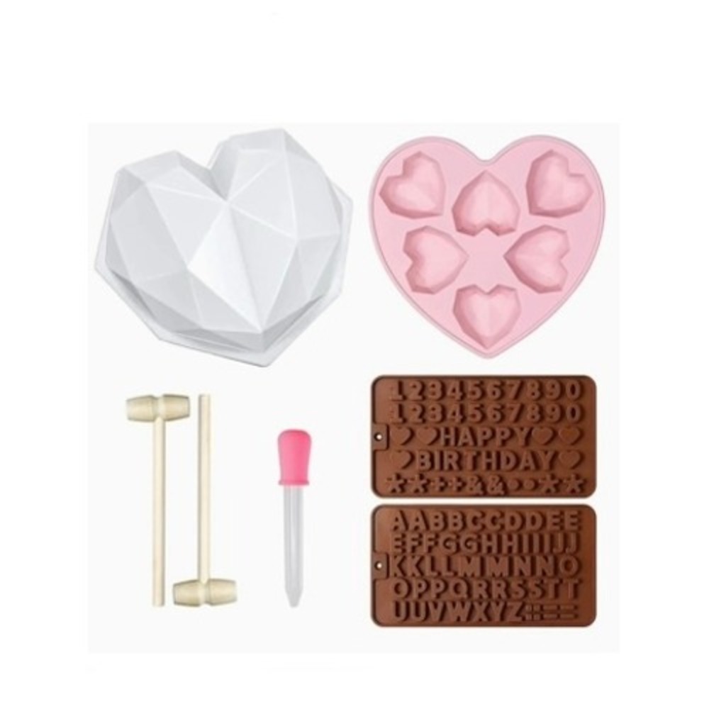 3D Diamond Heart Silicone Mold Set‎ Smash Chocolate Cake Pan with Hammers 7pc